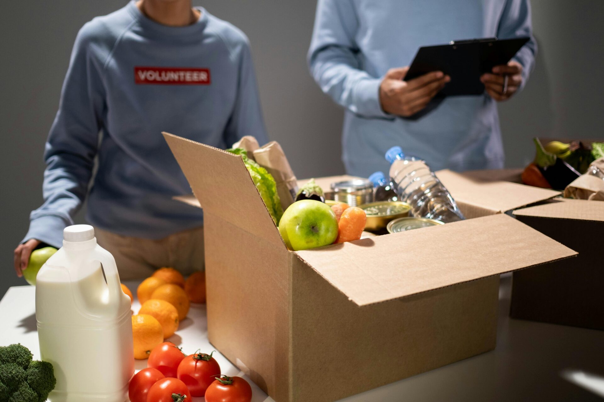 Team members volunteering at a food bank