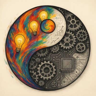 A symbolic yin-yang design representing the tension between innovation and focusscale in business.