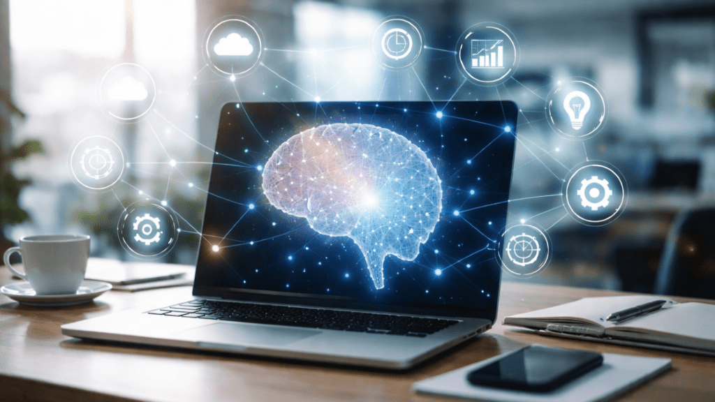 Modern office desk with an open laptop displaying a glowing digital brain connected by network nodes, symbolizing artificial intelligence in business.