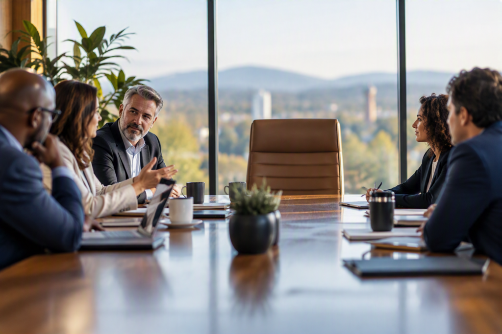 Business leadership team meeting around a conference table with an empty chair symbolizing succession planning and leadership transition.