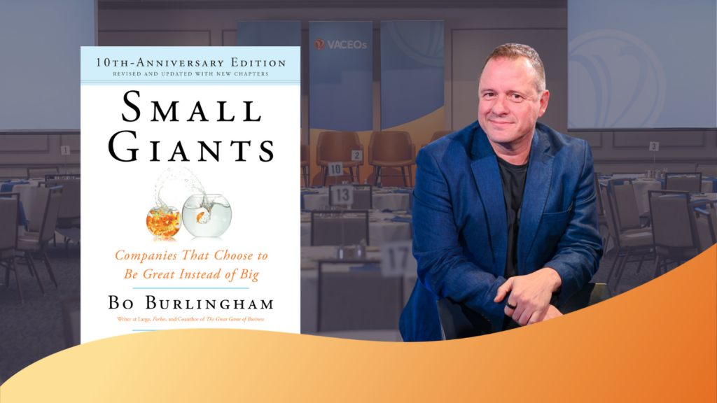 Jean Moncrieff with the Small Giants book at a Virginia CEOs event